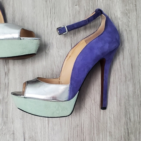 Elanzo Angiolini Takeko Purple Silver Mint Ankle Platform Stiletto Suede Heels 6 - Picture 2 of 9